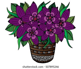 Doodle flowers and a vase. Floral pattern, hand drawing