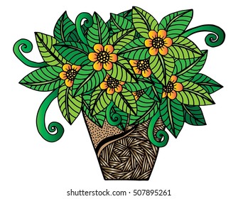 Doodle flowers and a vase. Floral pattern, hand drawing