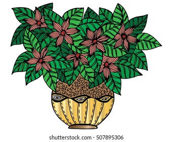 Doodle flowers and a vase. Floral pattern, hand drawing