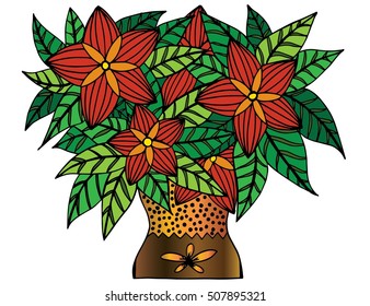 Doodle flowers and a vase. Floral pattern, hand drawing