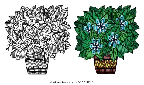 Doodle flowers and a vase. Floral pattern, hand drawing