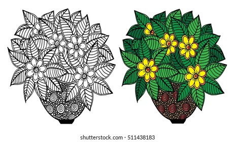 Doodle flowers and a vase. Floral pattern, hand drawing