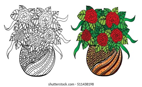 Doodle flowers and a vase. Floral pattern, hand drawing
