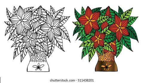 Doodle flowers and a vase. Floral pattern, hand drawing