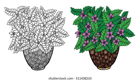 Doodle flowers and a vase. Floral pattern, hand drawing