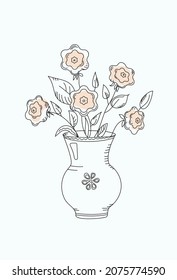 Doodle flowers in vases.  Drawing, Sketch Black line and pink spots. Vector illustration, background isolated, white. Sticker, icon, decor.