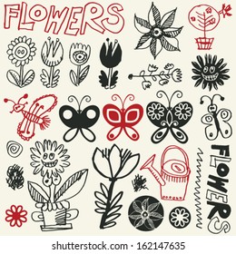 doodle flowers, vector design elements