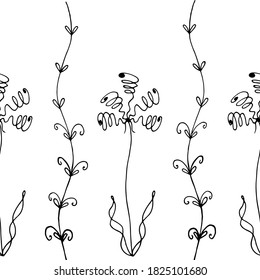 Doodle flowers. Vector hand drawn black white illustration. Abstract unusual flowers are suitable for festive decor.