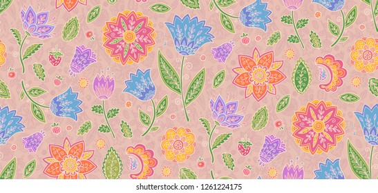 Doodle flowers in vintage style pastel colors vector floral textile seamless pattern tile