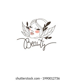 doodle flowers and woman face emblem and logo with beauty  lettering composition