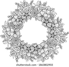 Doodle flowers wreath with copy space . Black outline on transparent background decorative floral vector element