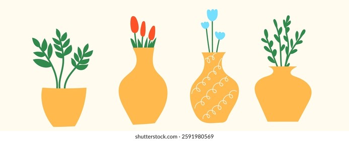 Doodle Flowers in Yellow Vase. Simple Hand Drawn Element Decoration Set. Positive and Happy Greeting Gift for Woman's Day, Mother Day from Kid. Child Friendly Symbol. 