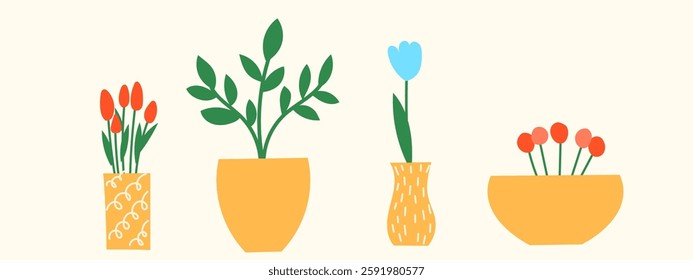 Doodle Flowers in Yellow Vase. Simple Hand Drawn Element Decoration Set. Positive and Happy Greeting Gift for Woman's Day, Mother Day from Kid. Child Friendly Symbol. 
