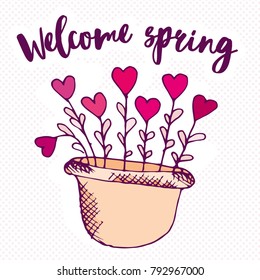 doodle flower-shaped heart-shaped inscription Welcome spring