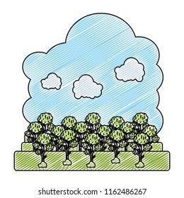 doodle fluffy clouds and nature trees landscape