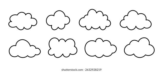 Doodle nubes esponjosas. Esquema de nubes. Nubes hinchadas y cúmulos. Se forma nublado en contorno negro delgado. Elemento de Clima Plantillas simples. Objetos de paisaje nublado. Dibujado a mano gráfico negro.