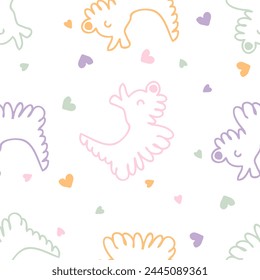 Doodle fluffy dogs with hearts seamless pattern. Love for pets concept. Hand drawn vector print for tee, paper, textile and fabric.