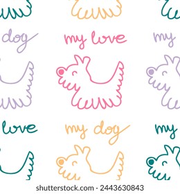 Doodle fluffy puppy with text MY DOG MY LOVE seamless pattern. Perfect print for tee, paper, textile and fabric. Hand drawn vector illustration.