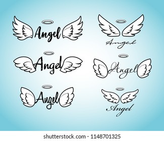 Doodle flying angel wings with halo. Sketch angelic wings. Freedom and religious tattoo vector design isolated on white background. Feather wing flying, heavenly and angelic emblem illustration