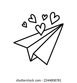 Doodle Flying paper airplane. Valentine's Day gift and element for logo, game, print, post