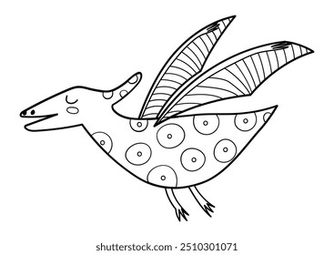 Doodle pterodactil voador em preto e branco elemento isolado. Dinossauro engraçado com asas de período jurássico para design infantil. Clipart de dino pré-histórico em outline. Ilustração vetorial 