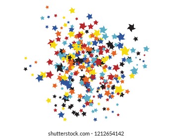 Doodle Flying Stars Confetti Background. Magic blue, yellow, red childish sparkle pattern. Confetti party decor. Holiday lights sparkles falling vector. Funky Confetti stars flying garland texture.