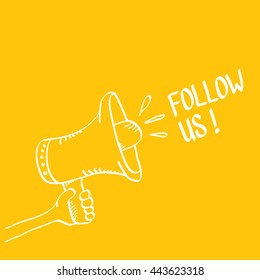 doodle Follow us vector banner. comic Follow us on online media social networking image. Follow us concept hand drawn illustration for web.