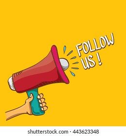 doodle Follow us vector banner. comic Follow us on online media social networking image. Follow us concept hand drawn illustration for web.