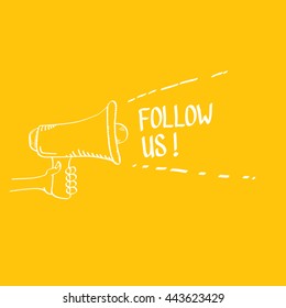 doodle Follow us vector banner. comic Follow us on online media social networking image. Follow us concept hand drawn illustration for web.