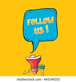 doodle Follow us vector banner. comic Follow us on online media social networking image. Follow us concept hand drawn illustration for web.