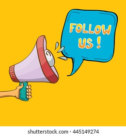 doodle Follow us vector banner. comic Follow us on online media social networking image. Follow us concept hand drawn illustration for web.