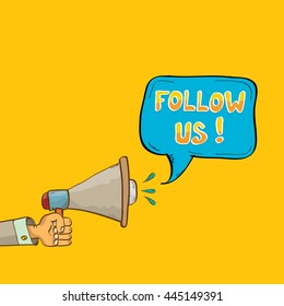 doodle Follow us vector banner. comic Follow us on online media social networking image. Follow us concept hand drawn illustration for web.