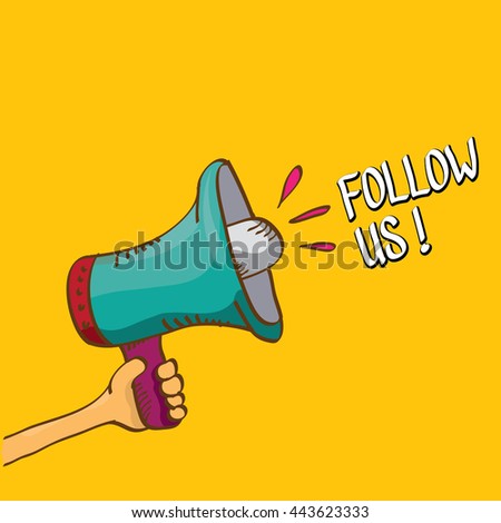 doodle Follow us vector banner. comic Follow us on online media social networking image. Follow us concept hand drawn illustration for web.