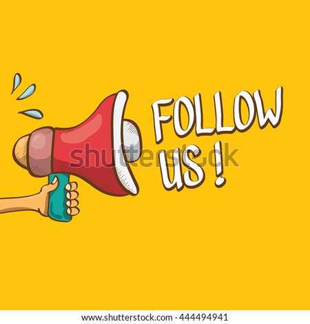 doodle Follow us vector banner. comic Follow us on online media social networking image. Follow us concept hand drawn illustration for web.