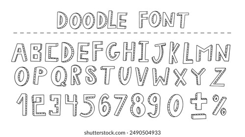 Doodle font with alphabet and numbers line vector icons bundle on white background. English Letters and digits hand drawn monochrome illustration set