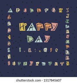 Doodle font. Funny colored letters of the English alphabet, numbers and signs are drawn with a felt-tip pen. Vector 10 EPS.