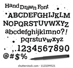 Doodle font isolated on white background. Hand drawn characters: numbers, lowercase and uppercase. Sketch alphabet for your designs: logo, typeface, card. 