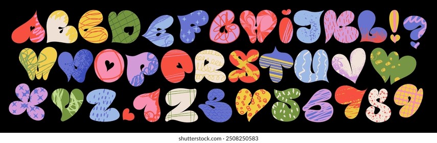 Doodle font. A playful vibrant heart-shaped alphabet with colorful, hand-drawn textures. Perfect for children's designs, Valentine's Day projects, and any creative typography needing a whimsical, 