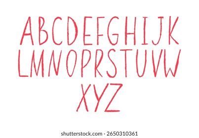 Fonte Doodle. Alfabeto rabiscado, escrito à mão. Cartas manuscritas de cera de giz de cera abc. Texto abstrato em inglês. Design primitivo. Ilustração isolada de estilo plano de desenhos animados vetoriais