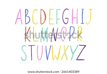 Doodle font. Scribble alphabet, hand drawn typescript. Wax crayon abc handwriting letters. English abstract text. Primitive design. Vector cartoon flat style isolated illustration