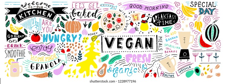 Doodle Food Banner. Vegan restaurant, cafe, home decor. Ready vector template.