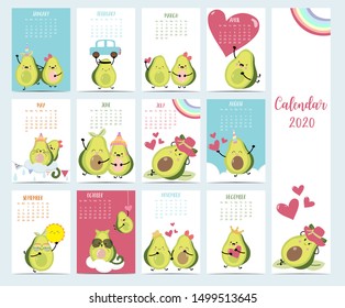 Doodle food calendar set 2020 with avocado for children.Can be used for printable graphic.Editable element