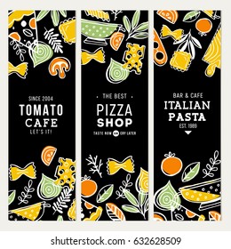 Doodle food chalkboard banner collection. Pizza and pasta illustration. Vector illustration