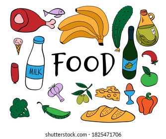 Doodle food collection. Hand drawn objects on white background. Vector illustration.