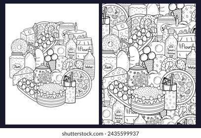 Doodle para colorear la comida conjunto. Fondos de comida blanco y negro paquete con pastel, pizza, donuts. Ilustración de vector