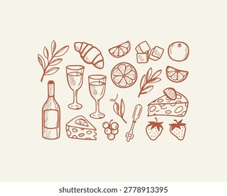 Doodle food and drink elements: croissant wine cheese fruit glasses with wine bottle orange slices ice cubes champagne glasses hand drawn cheese board baked goods light meal croissant