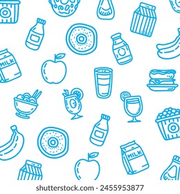 Doodle of food and drink vector seamless pattern donut, aple, milk, banana, juice, snack, popcorn, drink water