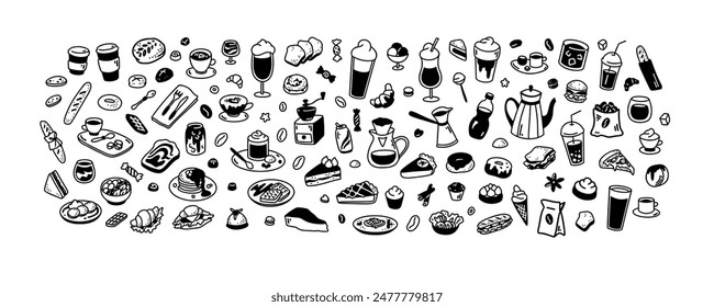 Doodle comida, bebidas, postres, bebidas, café conjunto grande. Diferente tipo de café. Desayuno, almuerzo, cafetería, cafetería, restaurante a la carta. Ilustración de boceto dibujado a mano