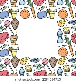 Marco de comida Doodle. Fondo para dibujar alimentos con lugar para texto