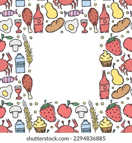Doodle food frame. Background with drawing food with place for text